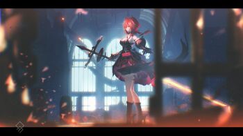 Rule 34 | 1girl, absurdres, arknights, arknights: endfield, artist logo, bare shoulders, black dress, black gloves, black horns, bloom, blurry, blurry background, blurry foreground, breasts, cleavage, closed mouth, commentary request, demon girl, demon horns, dress, embers, endfield uniform, film grain, full body, gloves, glowing, glowing sword, glowing weapon, hair between eyes, hair intakes, high heels, highres, holding, horns, indoors, laevatain (arknights), large breasts, letterboxed, logo, long hair, purple eyes, qurami, red hair, shadow, solo, sparks, standing, statue, surtr (arknights), sword, thigh strap, weapon