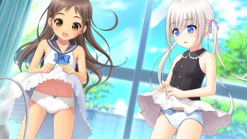 2girls :d bare_shoulders black_shirt blue_eyes blue_panties blue_sailor_collar blush bow bow_panties breasts brown_eyes brown_hair clothes_lift collarbone dress dress_lift electric_fan fanning_crotch fanning_self flat_chest frilled_dress frills game_cg hair_ornament hair_ribbon hairclip highres indoors komako_semenovich loli long_hair miniskirt multiple_girls navel non-web_source nonohara_miki open_mouth panties pleated_skirt purple_ribbon ribbon sailor_collar sailor_dress sayama_chie shirt shoujo_ramune skirt skirt_lift sleeveless sleeveless_shirt small_breasts smile tan tanline tatami twintails underwear white_dress white_hair white_panties white_skirt wind x_hair_ornament