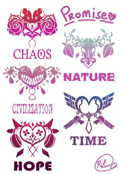 absurdres ceres_fauna controller english_text floral_print game_controller gamepad gun hakos_baelz headphones heart highres hololive hololive_english holopromise irys_(hololive) keyhole nanashi_mumei no_humans ouro_kronii pubic_tattoo rlus signature simple_background star_(symbol) tattoo virtual_youtuber weapon white_background