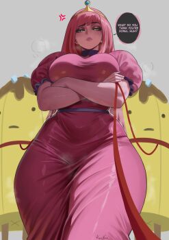 1girl absurdres adventure_time banana_guard breasts colored_skin commentary dress english_commentary green_eyes highres holding holding_leash kalennoir large_breasts leash lips long_dress long_hair looking_at_viewer pink_hair pink_skin princess_bonnibel_bubblegum puffy_short_sleeves puffy_sleeves shiny_clothes short_sleeves solo_focus tiara wide_hips