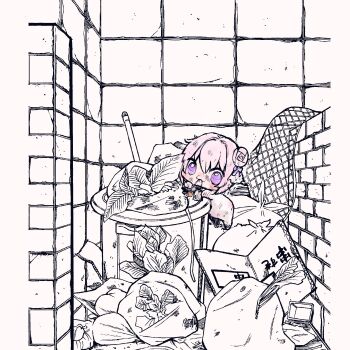 1girl blush brick brick_wall commentary_request dirty doro_(nikke) food goddess_of_victory:_nikke highres pink_hair purple_eyes short_hair trash trash_bag trash_can wada_chakuchiten
