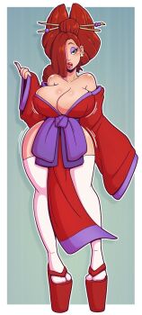 1girl bare_shoulders boots breasts cleavage earrings green_eyes hair_over_one_eye highres japanese_clothes jessica_rabbit jewelry kimono large_breasts non-web_source outline pelvic_curtain platform_clogs platform_footwear red_hair red_kimono red_lips simple_background thighhighs white_outline white_thighhighs wrenzephyr