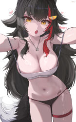 Rule 34 | 1girl, absurdres, armpits, black hair, breasts, cleavage, cowboy shot, fang, hair ornament, hairclip, heart, highres, hololive, jewelry, kkato, large breasts, long hair, looking at viewer, multicolored hair, navel, necklace, ookami mio, open mouth, outstretched arms, panties, reaching, reaching towards viewer, red hair, simple background, skin fang, spaghetti strap, streaked hair, tail, tank top, thigh strap, underwear, virtual youtuber, white background, wolf girl, wolf tail, yellow eyes