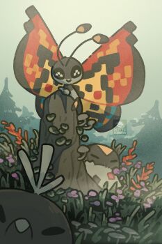 Rule 34 | alt text, bug, butterfly, commentary, english commentary, evolutionary line, field, flower, flower field, gen 6 pokemon, grass, happy, highres, insect, mushroom, nintendo, no humans, on tree stump, petite echorizon, pokemon, pokemon (creature), pokemon focus, scatterbug, spewpa, tree, vivillon