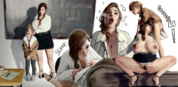 1boy 1girl absurdres age_difference bar_censor bare_legs belt black_belt black_footwear black_skirt bottomless breasts breasts_apart breasts_out breath brown_hair censored chalkboard chalkboard_writing cleavage closed_eyes clothed_sex collared_shirt curvy diathorn fellatio full_body glasses hair_over_shoulder heavy_breathing hetero high_heels highres large_areolae large_breasts lipstick long_hair loose_necktie makeup mature_female miniskirt moaning necktie no_bra no_panties no_socks older_female_and_younger_male onee-shota open_clothes open_shirt oral original pencil_skirt penis pubic_hair pussy_juice pussy_juice_drip pussy_juice_trail realistic red_lips red_necktie saliva sequential sex_ed shirt shota skirt skirt_around_belly spread_legs squatting standing stiletto_heels teacher teacher_and_student tongue tongue_out white_shirt