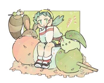 1girl :&gt; bike_shorts blue_hair border brown_fur chikorita dango food full_body gen_2_pokemon green_background green_eyes hat jacket katiko kris_(pokemon) long_hair looking_at_another nintendo petals pokemon pokemon_(creature) pokemon_gsc red_eyes sentret shoes simple_background sitting smile twintails wagashi white_border white_jacket white_shoes yellow_hat