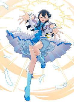 1girl blue_boots blue_eyes blue_hair blue_wrist_cuffs blush boots breasts collarbone commentary_request cure_ange dress earrings feathers full_body hair_bun highres hugtto!_precure jewelry long_hair looking_at_viewer magical_girl medium_breasts open_mouth precure see-through_clothes see-through_sleeves self_cosplay single_hair_bun smile solo standing standing_on_one_leg tiler_(tiler00) white_background wrist_cuffs yakushiji_saaya yellow_background