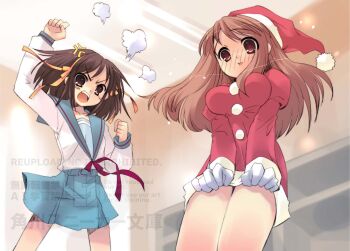 2girls anger_vein asahina_mikuru belt blue_sailor_collar blue_skirt blush blush_stickers breasts brown_eyes brown_hair buttons christmas clenched_hands collarbone commentary_request dress dress_tug gloves hairband hat highres ito_noizi kita_high_school_uniform legs_apart legs_together long_hair long_sleeves medium_breasts medium_hair multiple_girls neck_ribbon nose_blush novel_illustration official_art orange_hairband red_ribbon ribbon sailor_collar santa_costume santa_hat school_uniform serafuku skirt suzumiya_haruhi suzumiya_haruhi_no_yuuutsu watermark white_gloves winter_uniform