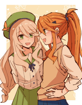 :d alonemistrist arms_behind_back blonde_hair blush border celine_(fire_emblem) commentary english_commentary etie_(fire_emblem) fire_emblem fire_emblem_engage green_eyes green_hat green_sailor_collar green_skirt hair_between_eyes hair_ornament hairclip hand_on_own_hip hat long_hair long_sleeves looking_at_another nintendo official_alternate_costume open_mouth orange_hair outside_border ponytail sailor_collar shirt sidelocks skirt smile sweater_vest very_long_hair white_border white_shirt