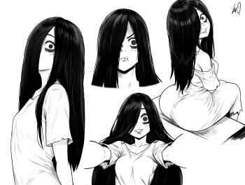 1girl ass bags_under_eyes breasts commentary english_commentary frown greyscale grin hair_over_one_eye highres huge_ass looking_back lughost monochrome pout scar scar_on_face scar_on_mouth signature sitting small_breasts smile the_ring yamamura_sadako