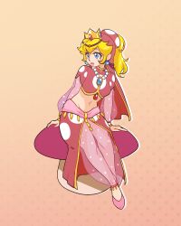 Rule 34 | 1girl, arabian clothes, arm support, blue eyes, breasts, feet, guichibo, highres, legs, mario (series), medium breasts, nintendo, parted lips, pink lips, ponytail, princess peach, shoes, sitting, smile, solo, thighs, veil