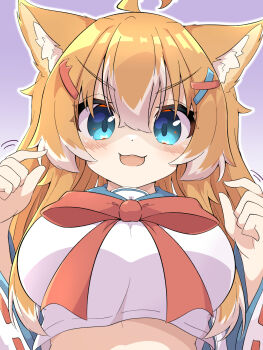 Rule 34 | 1girl, :3, ahoge, animal ear fluff, animal ears, aqua eyes, blue sailor collar, bow, bowtie, breasts, commentary, cropped shirt, evil smile, hair between eyes, hair ornament, hairclip, hands up, highres, large breasts, light blush, long hair, multicolored hair, open mouth, orange hair, original, purple background, red bow, red bowtie, sailor collar, shaded face, shirt, sidelocks, smile, solo, tail, toramaru2001710, two-tone hair, v-shaped eyebrows, white hair, white shirt, wide sleeves, x hair ornament