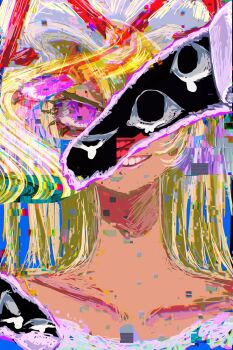 Rule 34 | 1girl, abstract, disembodied eye, gap (touhou), glitch, hat, hat ribbon, highres, looking at viewer, mob cap, omaega chan, one eye covered, parted lips, portrait, purple eyes, red ribbon, ribbon, smile, solo, straight-on, teeth, touhou, upper teeth only, white hat, yakumo yukari