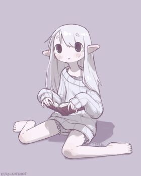 1girl artist_name asymmetrical_bangs bare_legs barefoot blush book brown_eyes closed_mouth commentary english_commentary highres holding holding_book kurohanenone long_hair on_floor original pale_skin pointy_ears ribbed_sweater simple_background sitting sweater wariza white_hair white_sweater
