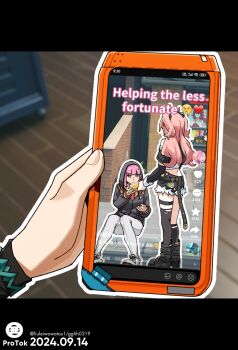 Rule 34 | belle (zenless zone zero), black hoodie, blunt bangs, cellphone, crop top, food, green eyes, holding, holding food, holding phone, holding sandwich, hood, hoodie, mochusama, nicole demara, object focus, phone, pink hair, rain (zenless zone zero), sandwich, smartphone, video (object), zenless zone zero