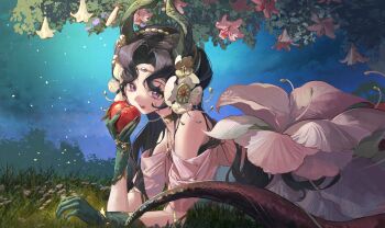 1girl anjo_nala anjo_nala_(forbidden_fruit) apple bare_shoulders black_horns blue_sky commentary demon_girl demon_horns dress flower food fruit gloves gold_choker green_gloves hair_flower hair_ornament highres holding holding_food holding_fruit horns kuroja lizard_tail looking_at_viewer lying nature official_alternate_costume on_grass on_stomach open_mouth outdoors pink_flower pink_tail purple_eyes reverse:1999 sky solo symbol-only_commentary tail tree upper_body white_dress white_flower