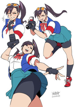 Rule 34 | 1girl, armband, bike shorts, bike shorts under skirt, black socks, blue vest, breasts, brown eyes, brown hair, camera, commentary, eyewear on head, fingerless gloves, freckles, gloves, grin, hibiki ran, highres, holding, holding camera, justice gakuen, kneehighs, miniskirt, open mouth, ponytail, ryuusei (mark ii), school uniform, shiritsu justice gakuen, shoes, signature, skirt, small breasts, smile, sneakers, socks, sunglasses, twitter username, vest