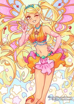 1girl akuo bare_shoulders barefoot_sandals_(jewelry) beads blonde_hair blue_choker blue_tiara bottle bra brown_eyes choker commentary dot_nose elbow_gloves enchantix english_commentary eyelashes eyeshadow fairy feet_out_of_frame flower_skirt glitter gloves green_background grin hair_beads hair_ornament halftone halftone_background hand_on_own_hip happy instagram_username light_blush lipstick long_hair looking_at_viewer magical_girl makeup mini_tiara miniskirt navel one_eye_closed orange_bra orange_eyeshadow orange_lips orange_skirt pink_gloves pink_skirt skirt smile solo sparkle standing star_(symbol) star_symbol_background stella_(winx_club) stomach tiara twitter_username two-tone_background two-tone_skirt two_side_up underwear v v-neck v-shaped_eyebrows very_long_hair watermark wavy_hair winx_club yellow_background