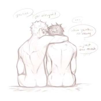 Rule 34 | 2boys, aftersex, bedside, bite mark, bite mark on shoulder, blush, commentary, completely nude, english commentary, english text, from behind, hickey, highres, hikaru ga shinda natsu, hikayoshifann, indou hikaru, looking at another, male focus, mole, mole on back, multiple boys, nude, scratches, short hair, shy, sitting, speech bubble, tsujinaka yoshiki, yaoi