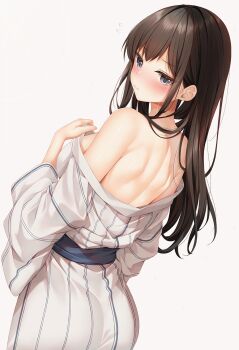 Rule 34 | 1girl, arm at side, ass, bare shoulders, blurry, blush, breasts, closed mouth, commentary request, cowboy shot, depth of field, dutch angle, from behind, grey eyes, hand up, highres, japanese clothes, kimono, large variant set, long sleeves, looking at viewer, looking back, median furrow, medium breasts, minato ojitan, off shoulder, original, paid reward available, parted bangs, simple background, solo, standing, striped clothes, striped kimono, turning head, undressing, variant set, vertical-striped clothes, vertical-striped kimono, white background, white kimono, yukata