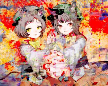 1girl :3 animal_ears animal_hat bow brown_hair cat_ears cat_tail chen chinese_clothes earrings frilled_sleeves frills glitch gold_trim green_hat hat highres holding_hands jewelry mob_cap multiple_views red_eyes red_vest sano_naoi short_hair single_earring tail touhou vest yellow_bow yellow_eyes