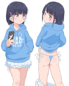 1girl ass bikini bikini_bottom_only black_hair blue_bikini blue_jacket blunt_bangs blush body_blush brown_eyes bubukka cellphone closed_mouth clothes_lift clothes_pull condom condom_packet_strip condom_wrapper dedenne facial_tattoo female_focus gen_6_pokemon gluteal_fold hair_ornament hairclip heart heart-shaped_pupils heart_tattoo holding holding_phone hood hoodie hoodie_lift jacket loli looking_at_viewer looking_back microskirt multiple_views nintendo original phone pokemon shiny_skin short_hair side-tie_bikini_bottom simple_background skirt skirt_pull smartphone smile standing string_bikini swimsuit symbol-shaped_pupils tachibana_momoka_(bubukka) tareme tattoo thong_bikini unworn_skirt white_background