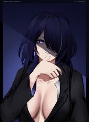 Rule 34 | 1girl, absurdres, acheron (boundless choreo) (honkai: star rail), acheron (honkai: star rail), black jacket, breasts, cleavage, collarbone, commission, diamond-shaped pupils, diamond (shape), earrings, english text, finger to mouth, hair over one eye, highres, honkai: star rail, honkai (series), jacket, jewelry, large breasts, looking at viewer, multicolored hair, naykainaw, open clothes, open jacket, purple eyes, purple hair, shade, sidelocks, solo, streaked hair, symbol-shaped pupils, twitter username, upper body, veins