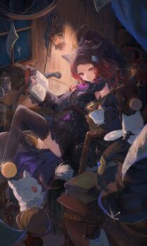 1girl animal_ears ascot black_dress black_gloves black_hair black_thighhighs book braid braided_bangs cat_ears cat_girl cat_tail cup detached_sleeves dress duster feather_duster final_fantasy final_fantasy_xiv fingerless_gloves flower globe gloves gradient_hair hair_flower hair_ornament highres holding holding_book miqo&#039;te moogle multicolored_hair noyuri_(noyuriin) ponytail ponytail_with_braided_base red_eyes red_hair tail teacup thighhighs two-tone_hair warrior_of_light_(ff14)