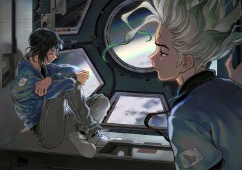 2boys asagiri_gen black_hair black_shirt blue_jacket closed_mouth colored_tips commentary_request crossed_arms dr._stone facial_mark floating floating_hair forehead_mark gradient_hair green_hair highres ishigami_senkuu jacket knee_up knees_up long_sleeves looking_at_another male_focus medium_hair multicolored_hair multiple_boys pants profile shirt shoes short_hair sitting sneakers two-tone_hair white_hair zura00zura