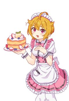 1girl ahoge alternate_costume apron blonde_hair blueberry blush bow bowtie breasts cake dress enmaided food frilled_apron frills fruit hair_flaps hands_up hatoga_suki highres holding holding_plate holding_tray ibuki_tsubasa idolmaster idolmaster_million_live! idolmaster_million_live!_theater_days looking_at_viewer maid maid_apron maid_headdress open_mouth pancake pantyhose pink_bow pink_bowtie pink_dress pink_eyes pink_skirt plate pretty_waitress_(idolmaster) puffy_short_sleeves puffy_sleeves short_hair short_sleeves simple_background skirt smile solo strawberry tray waist_apron waitress whipped_cream white_apron white_background white_pantyhose wrist_cuffs