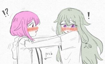 ! !? 2girls after_kiss blush commentary english_commentary green_hair highres hood hoodie kcmvnd kusanagi_nene long_hair multiple_girls ootori_emu open_mouth pink_eyes pink_hair project_sekai purple_eyes short_hair white_background yuri
