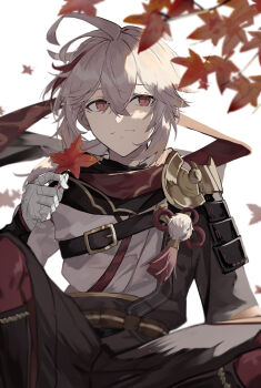 1boy absurdres armor autumn_leaves bandaged_arm bandaged_hand bandages crossed_bangs genshin_impact hair_between_eyes hakama hakama_shorts highres hitoyuki holding holding_leaf japanese_armor japanese_clothes kaedehara_kazuha leaf male_focus multicolored_hair red_eyes red_hair short_hair shorts shoulder_armor sideways_glance sitting smile sode solo streaked_hair tassel white_background white_hair