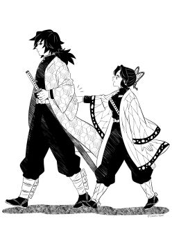 1boy 1girl animal_print black_hair black_jacket black_pants black_socks breasts butterfly_hair_ornament butterfly_print buttons demon_slayer_uniform full_body greyscale hair_between_eyes hair_ornament haori highres holding holding_sword holding_weapon jacket japanese_clothes katana kimetsu_no_yaiba kochou_shinobu long_hair low_ponytail medium_breasts monochrome open_mouth pants parted_bangs pointing ponytail print_haori sandals seezly_tani sidelocks socks sweatdrop sword tomioka_giyuu twitter_username walking wavy_hair weapon white_background