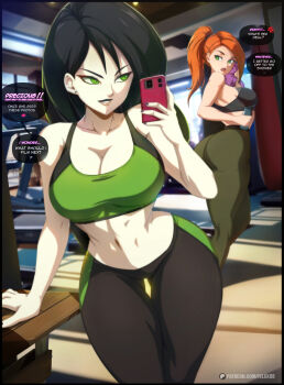 2girls ass black_hair black_nails black_pants black_sports_bra blurry blurry_background bottle breasts cellphone cleavage collarbone english_text felox08 green_eyes green_pants green_sports_bra grin gym highres holding holding_bottle holding_phone holding_towel indoors kim_possible kim_possible_(series) large_breasts lips looking_back midriff multiple_girls narrow_waist navel orange_hair pale_skin pants parted_lips phone ponytail punching_bag selfie shego smartphone smile speech_bubble sports_bra stomach towel treadmill wide_hips yoga_pants