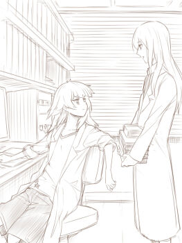 2girls book commentary_request computer greyscale highres hiyajou_maho holding holding_book indoors lab_coat long_hair makise_kurisu menomorute monitor monochrome multiple_girls science_adventure shorts sleeves_rolled_up star_(symbol) star_print steins;gate steins;gate_0 tank_top very_long_hair