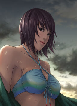 Rule 34 | 1girl, bikini, black hair, breasts, female focus, looking at viewer, naruto (classic), naruto (series), outdoors, shizune (naruto), short hair, sky, solo, swimsuit, tk (tk's level4), upper body, water, wet