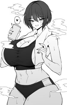 1girl abs absurdres blush bottle breasts cleavage collarbone greyscale hair_between_eyes heart highres holding holding_bottle large_breasts looking_at_viewer mole mole_on_breast monochrome open_mouth original short_hair sidelocks simple_background solo speech_bubble sports_bikini sports_bra sportswear steam steaming_body sweat toned toned_female towel towel_around_neck upper_body white_background yones81239278