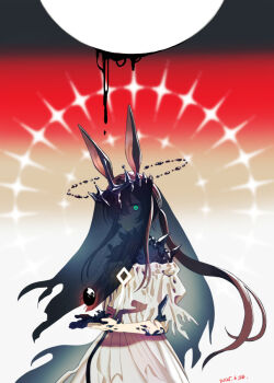 1girl amiya_(arknights) amiya_(demon_king)_(arknights) animal_ears arknights black_veil blue_eyes brown_hair commentary_request cowboy_shot crown dress floating_crown glowing glowing_eye gradient_background hair_over_one_eye long_hair looking_at_viewer material_growth melting moon nishi_juuji object_floating_above_hand one_eye_covered oripathy_lesion_(arknights) ponytail rabbit_ears rabbit_girl red_background solo standing torn_clothes torn_dress veil white_dress