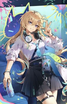 1girl absurdres aqua_necktie black_nails black_skirt blonde_hair blue_eyes braid braided_bangs breasts can colorful_background commentary earrings fingernails grin hair_between_eyes hair_ornament hand_up headphones headphones_around_neck highres holding holding_can id_card index_finger_raised jewelry long_fingernails looking_at_viewer lynae_(wuthering_waves) medium_breasts nail_polish necklace necktie shirt shirt_tucked_in skirt skull_hair_ornament smile solo spray_can star_(symbol) star_earrings symbol-only_commentary uchihasakino white_shirt wuthering_waves