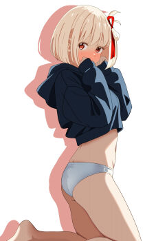 1girl absurdres ass barefoot black_hoodie blonde_hair blush commentary drop_shadow hair_ribbon hands_up highres hood hoodie kneeling looking_at_viewer lycoris_recoil nishikigi_chisato no_pants panties red_eyes red_ribbon ribbon short_hair simple_background sleeves_past_wrists solo tetsuado thighs underwear white_background white_panties