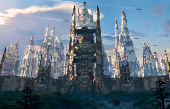 Rule 34 | blue sky, building, city, city lights, cloud, cloudy sky, commentary, english commentary, flock, highres, landscape, no humans, original, outdoors, raphael-lacoste, scenery, science fiction, signature, sky, spacecraft, tower, tree