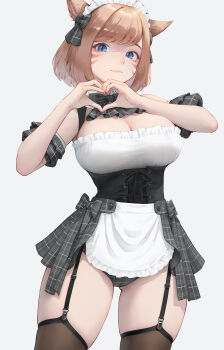 1girl animal_ears apron black_bow black_bowtie black_panties blonde_hair blue_eyes bow bowtie breasts brown_thighhighs cleavage closed_mouth commission corset cowboy_shot detached_collar detached_sleeves facial_mark final_fantasy final_fantasy_xiv garter_straps gluteal_fold hair_bow heart heart_hands highres large_breasts looking_at_viewer maid_headdress miqo&#039;te no_pants okoge_lab panties plaid_clothes plaid_panties short_hair short_sleeves showgirl_skirt simple_background skindentation smile solo swept_bangs thighhighs underbust underwear waist_apron whisker_markings white_apron white_background
