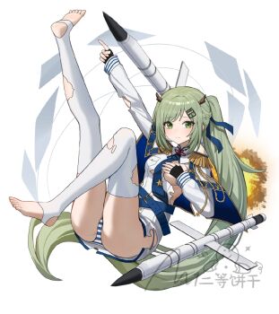 1girl aiguillette an_shan_(azur_lane) azur_lane barefoot blue_panties commentary_request covering_breasts covering_privates crotch_seam dragon_horns epaulettes fallen_down green_eyes green_hair high_ponytail highres horns military_uniform missile naval_uniform nervous one_breast_out panties pantyshot pointing pointing_up ponytail simobulanka striped_clothes striped_panties thighhighs torn_clothes torn_thighhighs underwear weapon white_background white_thighhighs