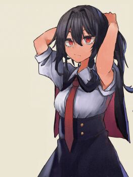 1girl adjusting_hair alternate_eye_color black_capelet black_hair black_skirt bow breasts buttons capelet closed_mouth collar hair_between_eyes hair_bow highres medium_hair muraryo necktie no_headwear ponytail red_eyes shirt simple_background skirt sleeve_cuffs solo touhou usami_renko white_background white_collar white_shirt