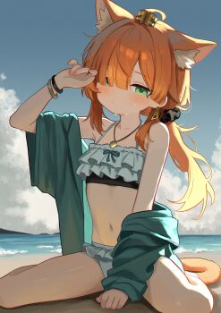 Rule 34 | 1girl, absurdres, alternate costume, animal ear fluff, animal ears, arknights, bikini, blush, cat ears, cat girl, cat tail, closed mouth, commentary, delfino, extra ears, frilled bikini, frills, green eyes, highres, jewelry, navel, orange hair, outdoors, papyrus (arknights), solo, swimsuit, tail
