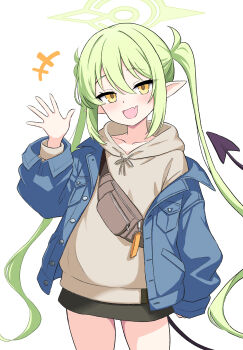 +++ 1girl :d absurdres arm_at_side black_skirt blue_archive blue_jacket blush brown_hoodie casual collarbone commentary cowboy_shot fang green_hair green_halo hair_between_eyes halo hand_up highres hood hood_down hoodie intron jacket long_hair long_sleeves looking_at_viewer nozomi_(blue_archive) nozomi_(mom&#039;s_touch)_(blue_archive) open_clothes open_jacket open_mouth outstretched_hand pointy_ears sidelocks simple_background skin_fang skirt smile solo tsurime twintails very_long_hair waving white_background wide_sleeves yellow_eyes