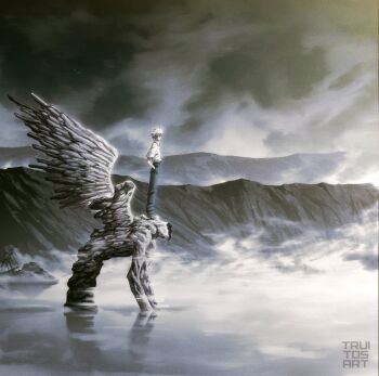 1boy angel_statue black_pants cloud cloudy_sky collared_shirt fog from_side hands_in_pockets headless_statue misty_lake mountainous_horizon nagisa_kaworu neon_genesis_evangelion pants shirt short_hair sidelighting sky solo standing truitosart watermark white_hair white_shirt