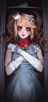 1girl bare_shoulders bear_hair_ornament blonde_hair blue_eyes breasts danganronpa:_trigger_happy_havoc danganronpa_(series) dethmaid dress enoshima_junko gloves hair_ornament highres large_breasts long_hair looking_at_viewer makeup runny_makeup sleeveless sleeveless_dress smile solo twintails white_dress white_gloves