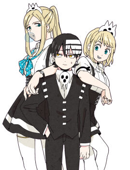 1boy 2girls aqua_eyes aqua_neckerchief blonde_hair blowing_bubble_gum chewing_gum death_the_kid elbow_on_another&#039;s_shoulder elizabeth_thompson hand_in_pocket highres maid multicolored_hair multiple_girls neckerchief otojirou patricia_thompson ponytail siblings simple_background sisters smile soul_eater two-tone_hair white_background yellow_eyes