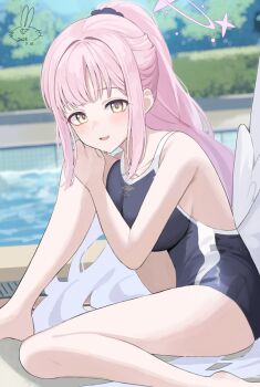 1girl angel_wings awa_(awao141) black_one-piece_swimsuit blue_archive blush breasts commentary feathered_wings halo highres knee_up long_hair looking_at_viewer low_wings mika_(blue_archive) one-piece_swimsuit open_mouth pink_hair pink_halo ponytail pool poolside school_swimsuit sitting smile solo swimsuit white_wings wings yellow_eyes